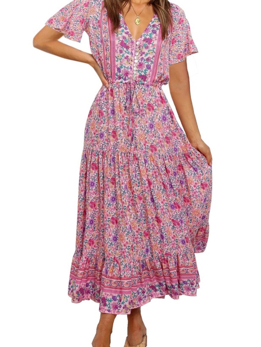 Pink Floral V-Neck Maxi Dress with Short Sleeves - Picture 12 of 16